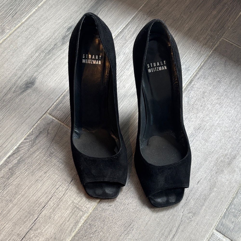 Stuart Weitzman Suede Black Peep-Toe Heels